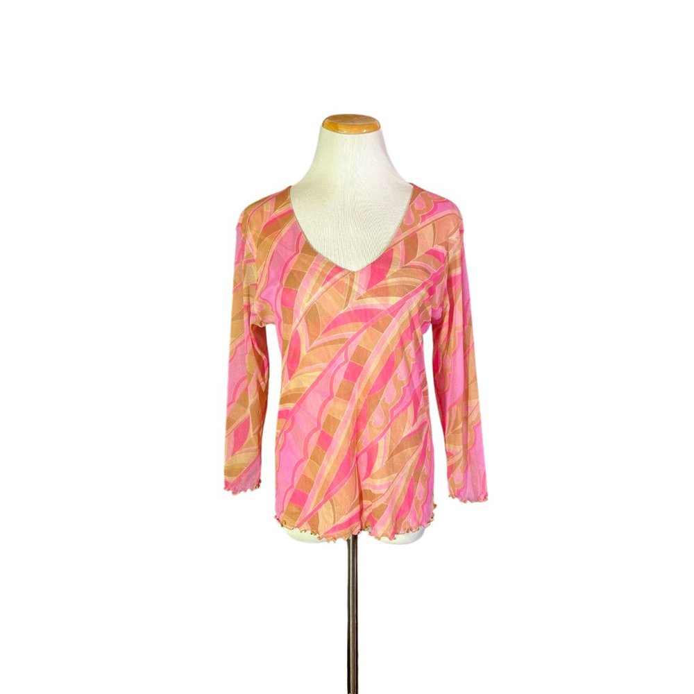 Y2K Therapy Size XL Sheer Mesh V-Neck Top Pink Tan Print 3/4 Sleeves Stretchy
